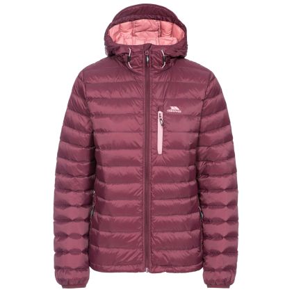 Arabel Women's Hooded Down Packaway Jacket in Purple, Front view on mannequin