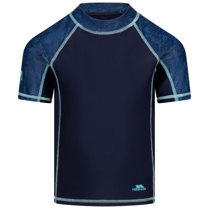 Kids Short Sleeve Rash Guard Calder in NAVY, Front view on mannequin