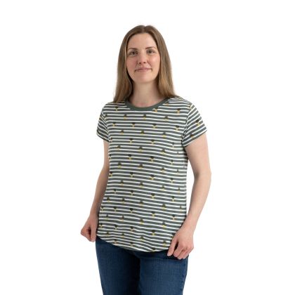 Womens All Over Printed Top Calypso in Green Willow, Front view on mannequin