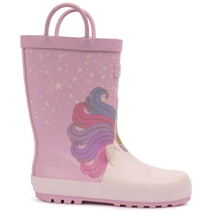 Trespass Kids Welly Boots Character in Unicorn Pink, Front view of footwear