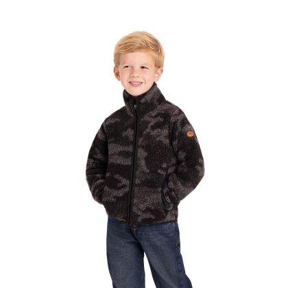Boys Sherpa Print Fleece Darroch in Storm Grey, Front view on mannequin