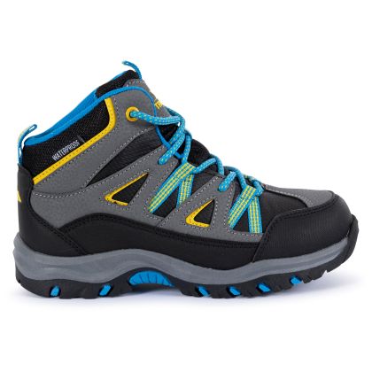 Trespass Kids Walking Boots Waterproof Mid Cut Gillon II in BLACK, Front view of footwear