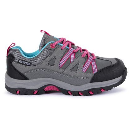 Trespass Kids Walking Shoes Waterproof Low Cut Gillon II in GREY, Angled view of footwear