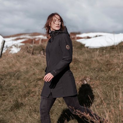 DLX Womens Softshell Jacket Water Resistant Longer Length Maria in Black Marl, Front view on mannequin