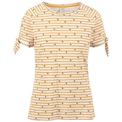 Penelope Women's Printed T-Shirt in Honeybee stripe bee print, Front view on mannequin