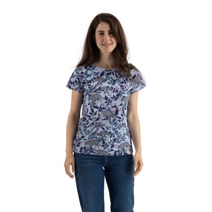 Phillipa Womens Printed T-Shirt In Navy Print, Front view on mannequin