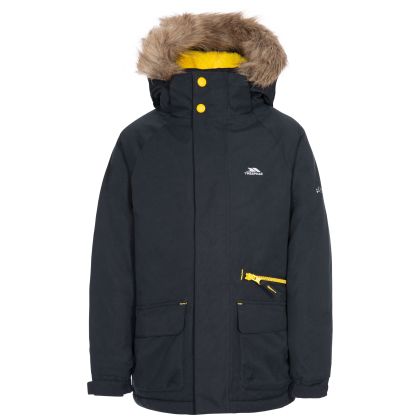 Upbeat Kids' Waterproof Parka Jacket in Black, Front view on mannequin